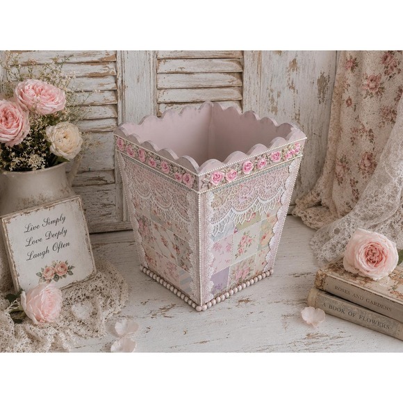 Other - Rachel Ashwell Inspired Shabby Chic Rose Cottagecore Pink Patchwork Wastebasket